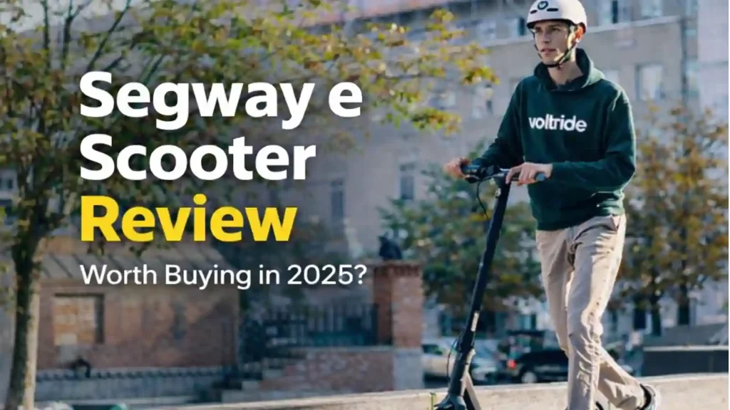 Young man riding a Segway electric scooter in the city, review 2026