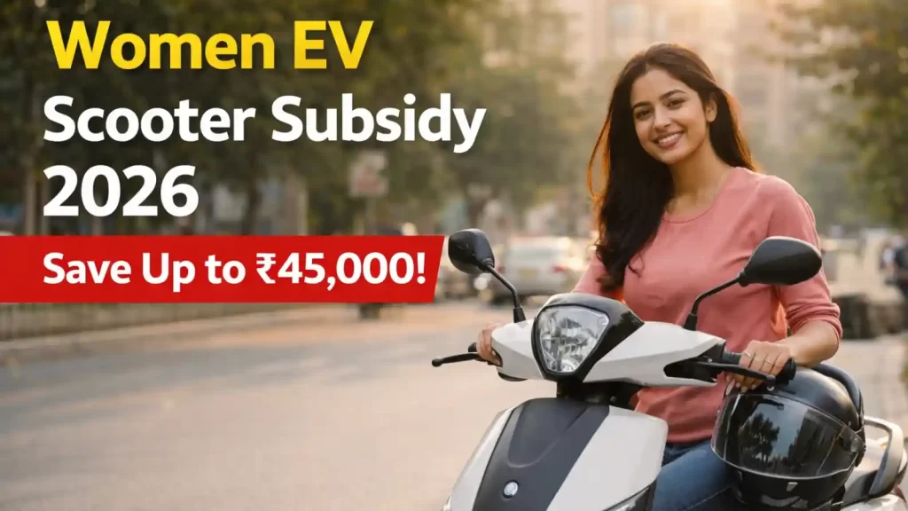 A young Indian woman riding an electric scooter confidently during sunset, representing Women EV Scooter Subsidy 2026