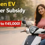 A young Indian woman riding an electric scooter confidently during sunset, representing Women EV Scooter Subsidy 2026