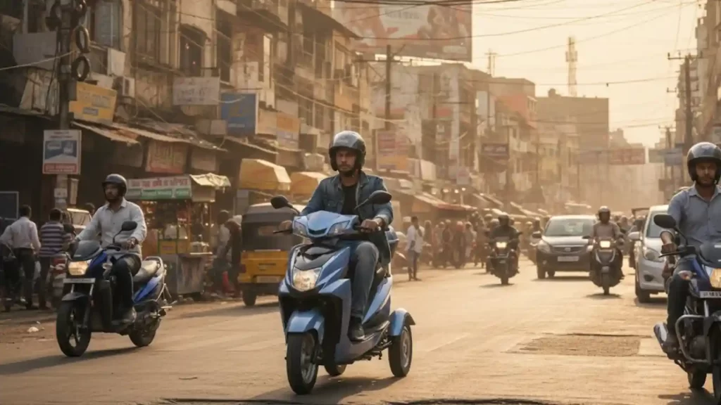 A three tyre electric scooter being ridden on an Indian city road