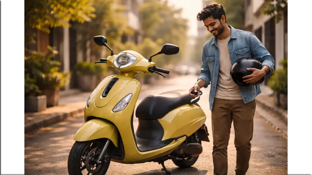 Young professional smiling next to the new, teal Bajaj Chetak C25 electric scooter on a sunny city street.