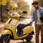 Young professional smiling next to the new, teal Bajaj Chetak C25 electric scooter on a sunny city street.