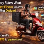 Delivery rider on electric scooter in city