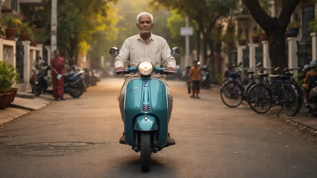 Senior citizen riding a scooter calmly in a residential Indian street
