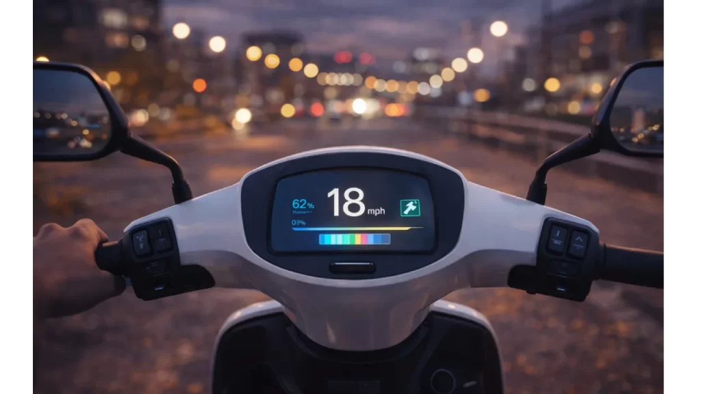 Electric scooter dashboard at dusk