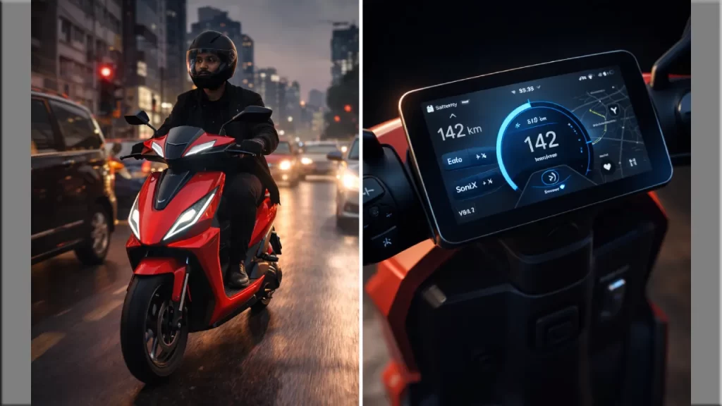 Simple One electric scooter riding in city traffic