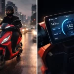 Simple One electric scooter riding in city traffic