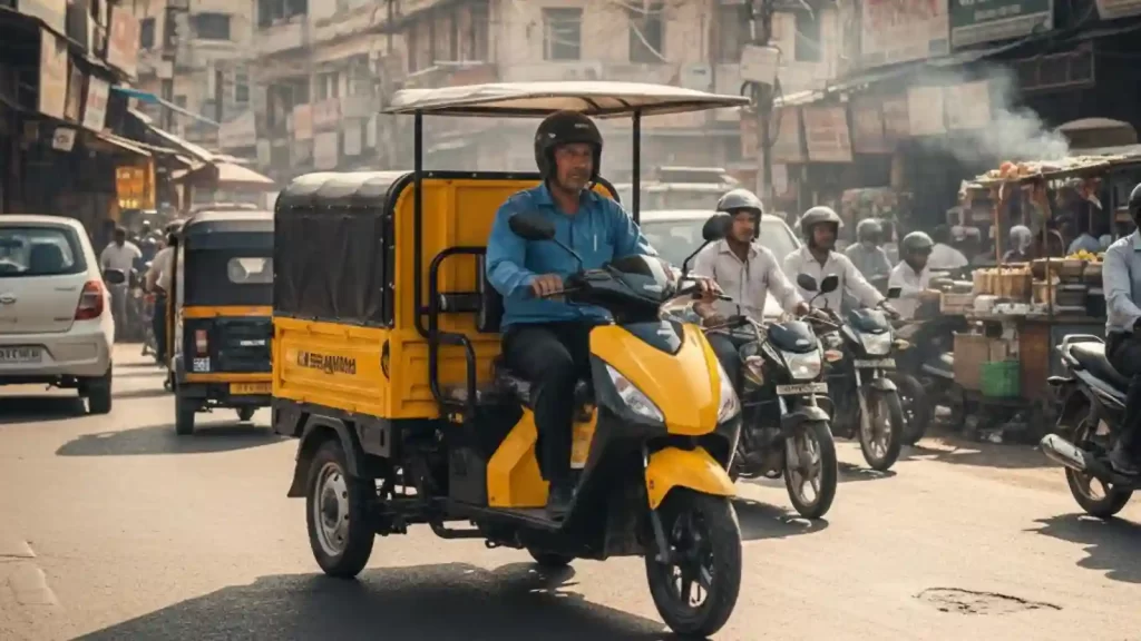 Three wheel electric scooter on an Indian city road