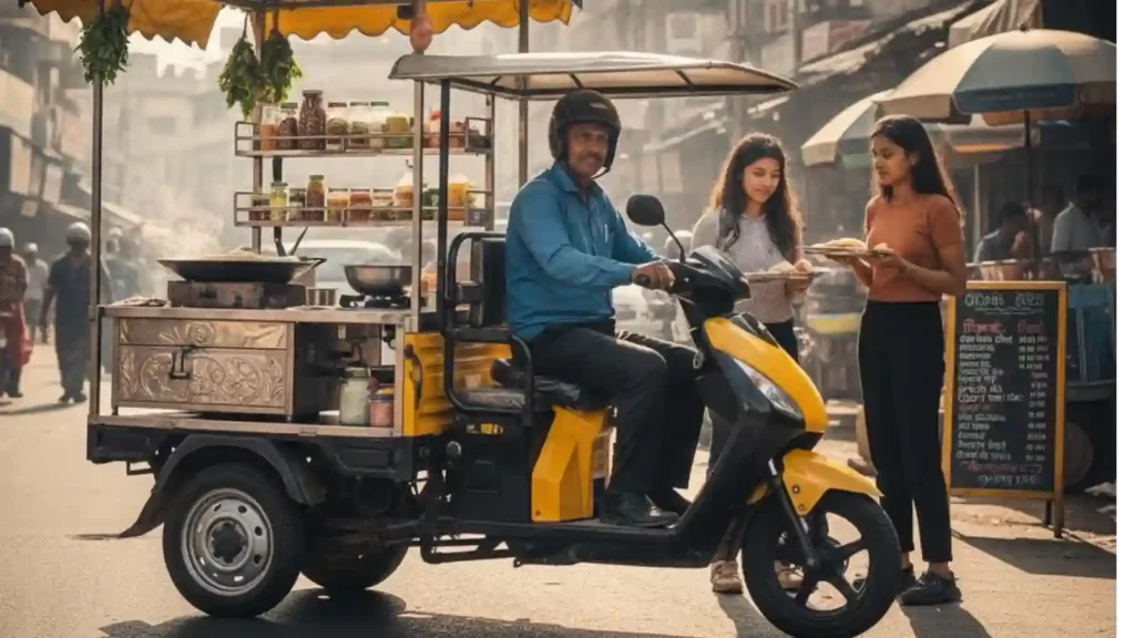 Utility three wheel electric scooter used by a street vendor